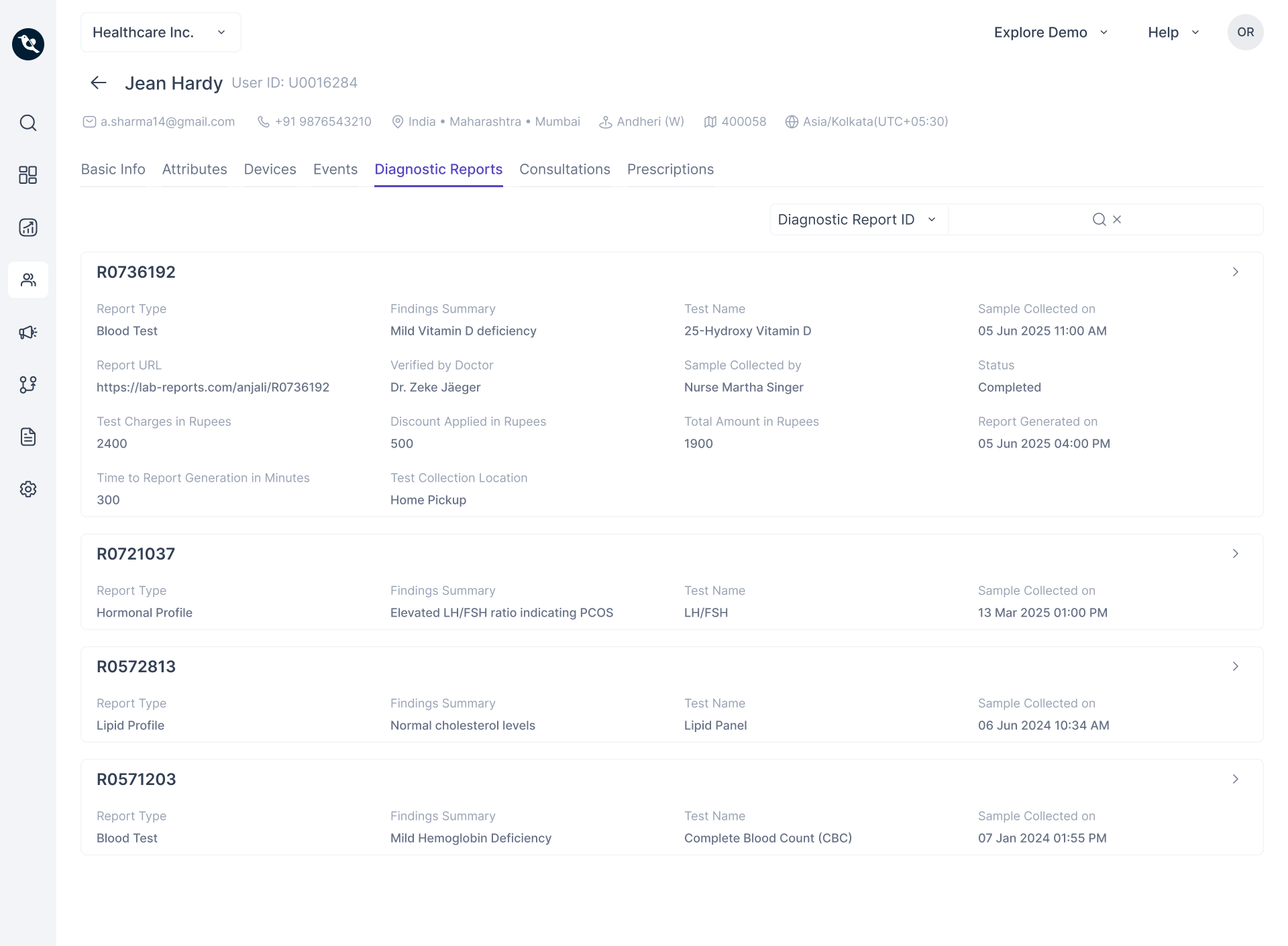 Illustrative user profile capturing doctor appointments and lab test records as Entities (Category: Healthcare)